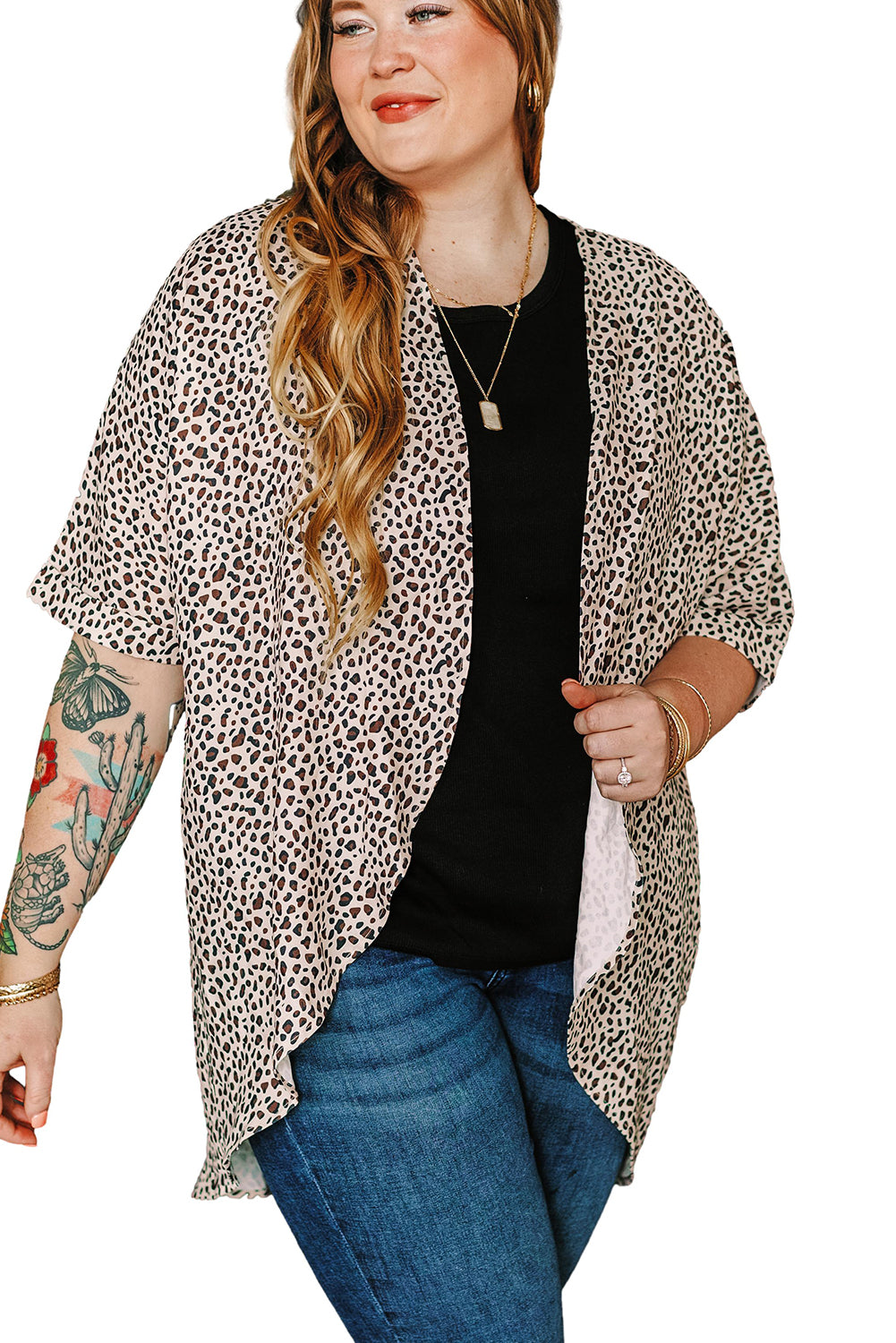 Khaki Plus Size Leopard Print Half Sleeve Open Front Cardigan