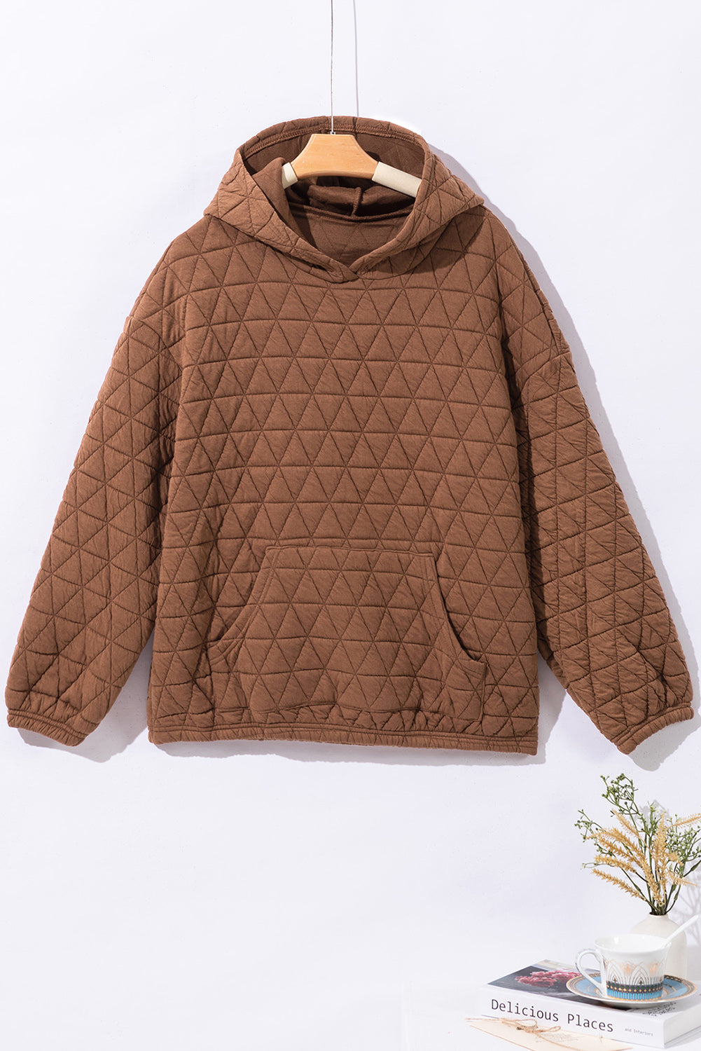 Coffee Solid Color Quilted Kangaroo Pocket Hoodie