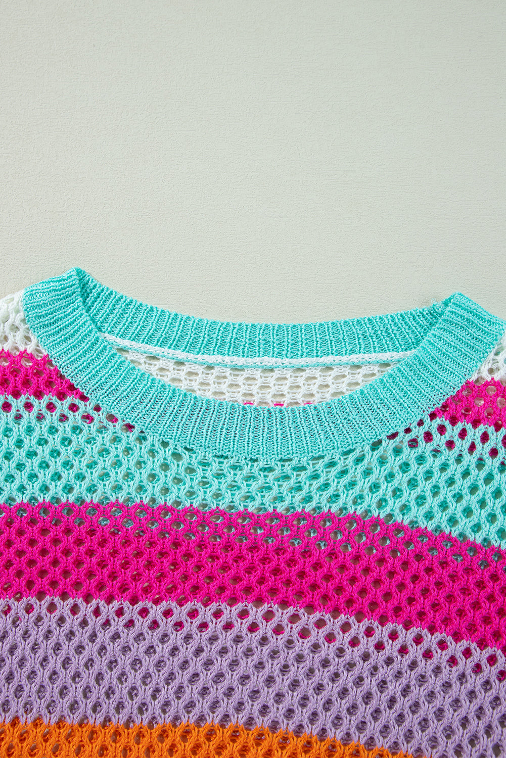 Rose Red Colorblock Patchwork Knit Crochet Eyelet Sweater