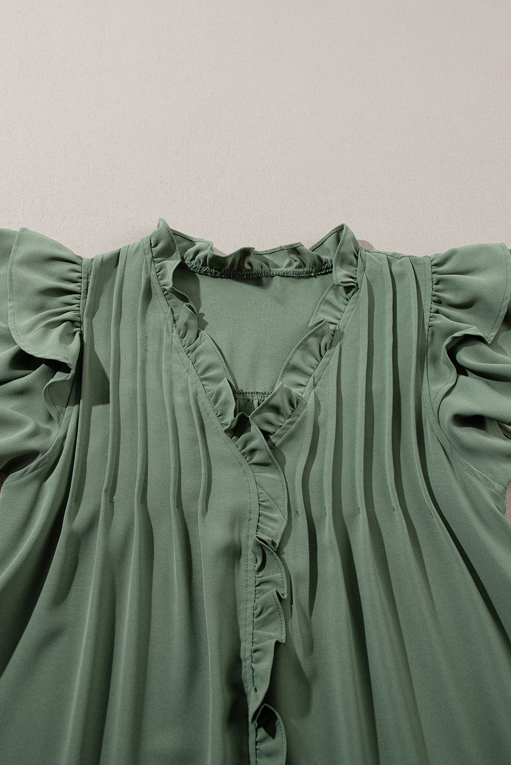 Mist Green Ruffle Sleeve V Neck Frilled Shift Dress