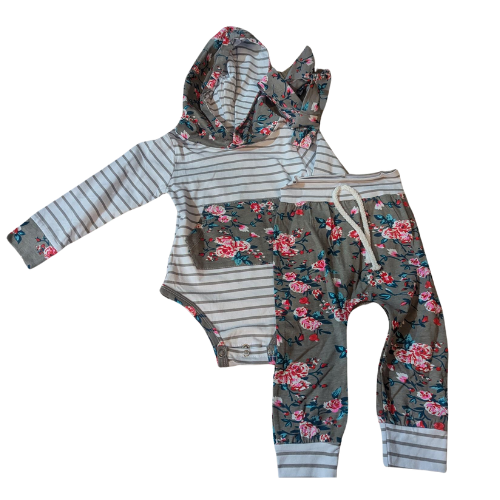 Girls 3 piece Floral Striped Hoodie and Pants