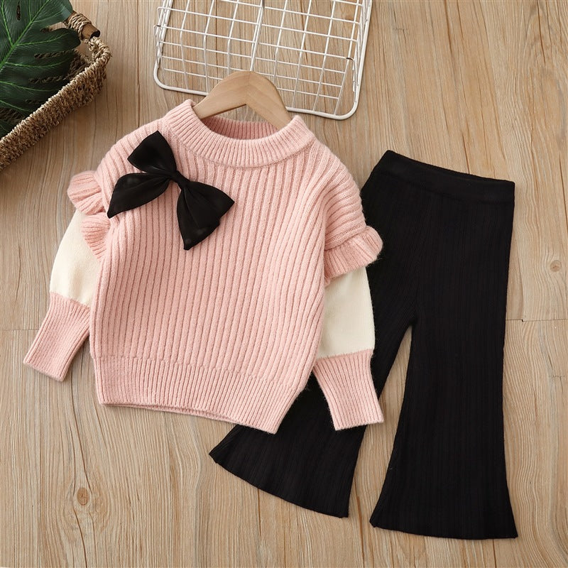 Solid Color Bow Patched Sweater With Pants Sets