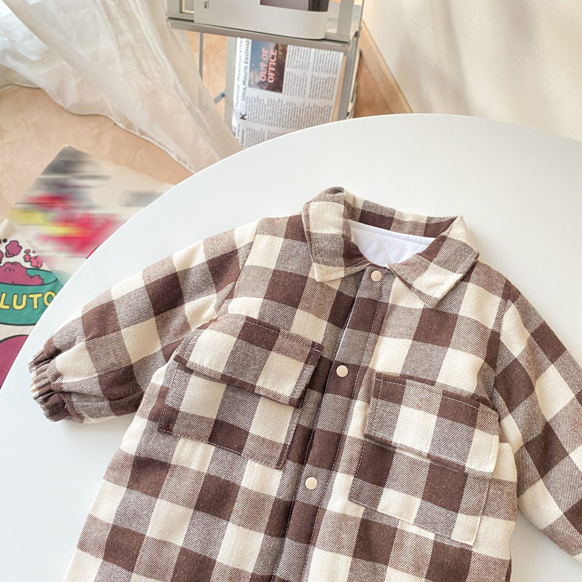 Baby Boy Plaid Pattern Snap Button Front Design Long Sleeve Thick Rompers