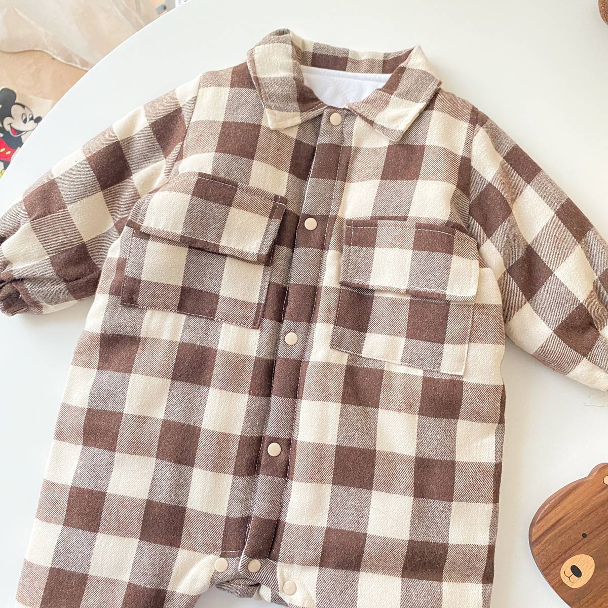 Baby Boy Plaid Pattern Snap Button Front Design Long Sleeve Thick Rompers