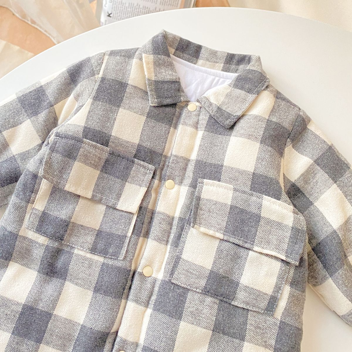 Baby Boy Plaid Pattern Snap Button Front Design Long Sleeve Thick Rompers