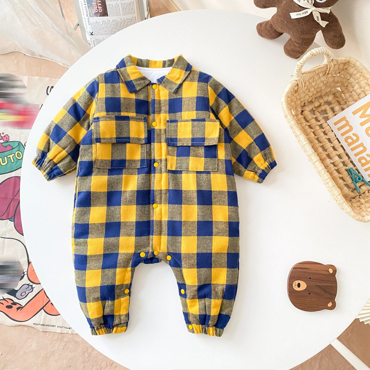 Baby Boy Plaid Pattern Snap Button Front Design Long Sleeve Thick Rompers