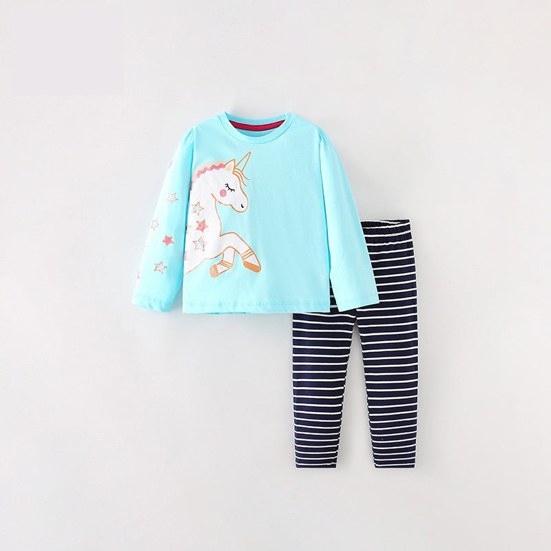 Girls Cartoon Unicorn Printing Design Top and Pattern Pants 2-Piece Set