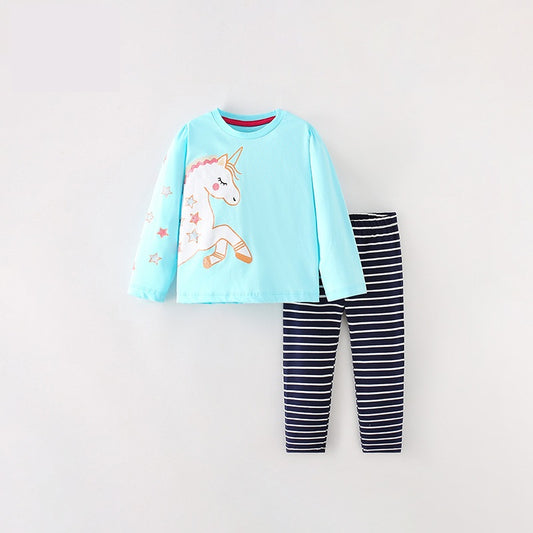 Girls Cartoon Unicorn Printing Design Top and Pattern Pants 2-Piece Set