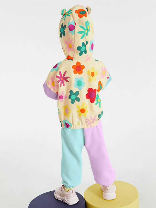 Colorful Flowers Pattern Color Patchwork Long Sleeves Top Hoodie and Pants 2-piece Clothing Set