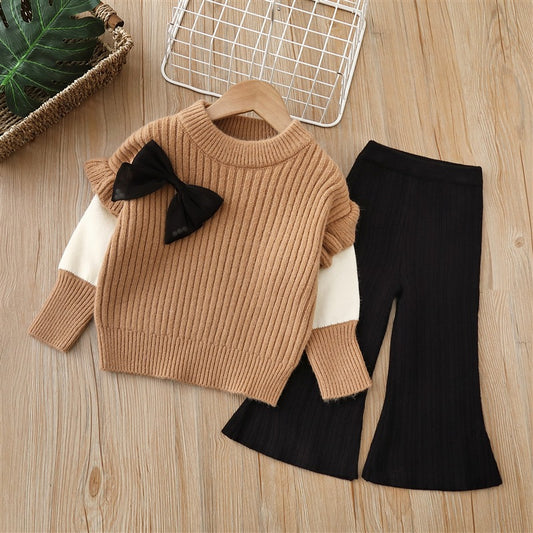 Solid Color Bow Patched Sweater With Pants Sets