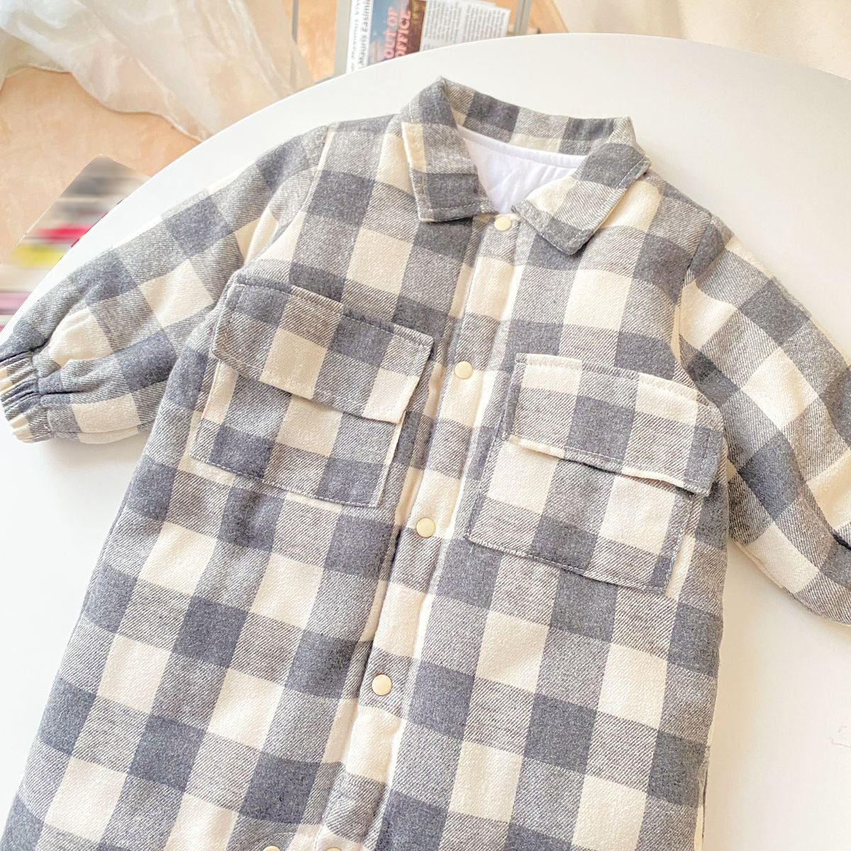 Baby Boy Plaid Pattern Snap Button Front Design Long Sleeve Thick Rompers