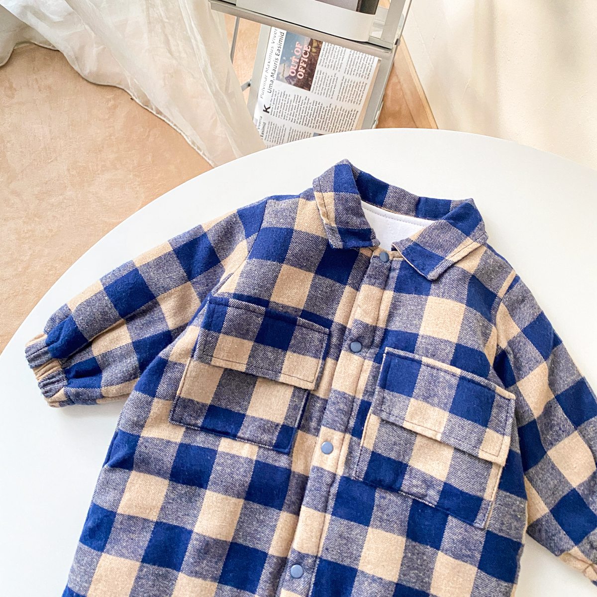 Baby Boy Plaid Pattern Snap Button Front Design Long Sleeve Thick Rompers