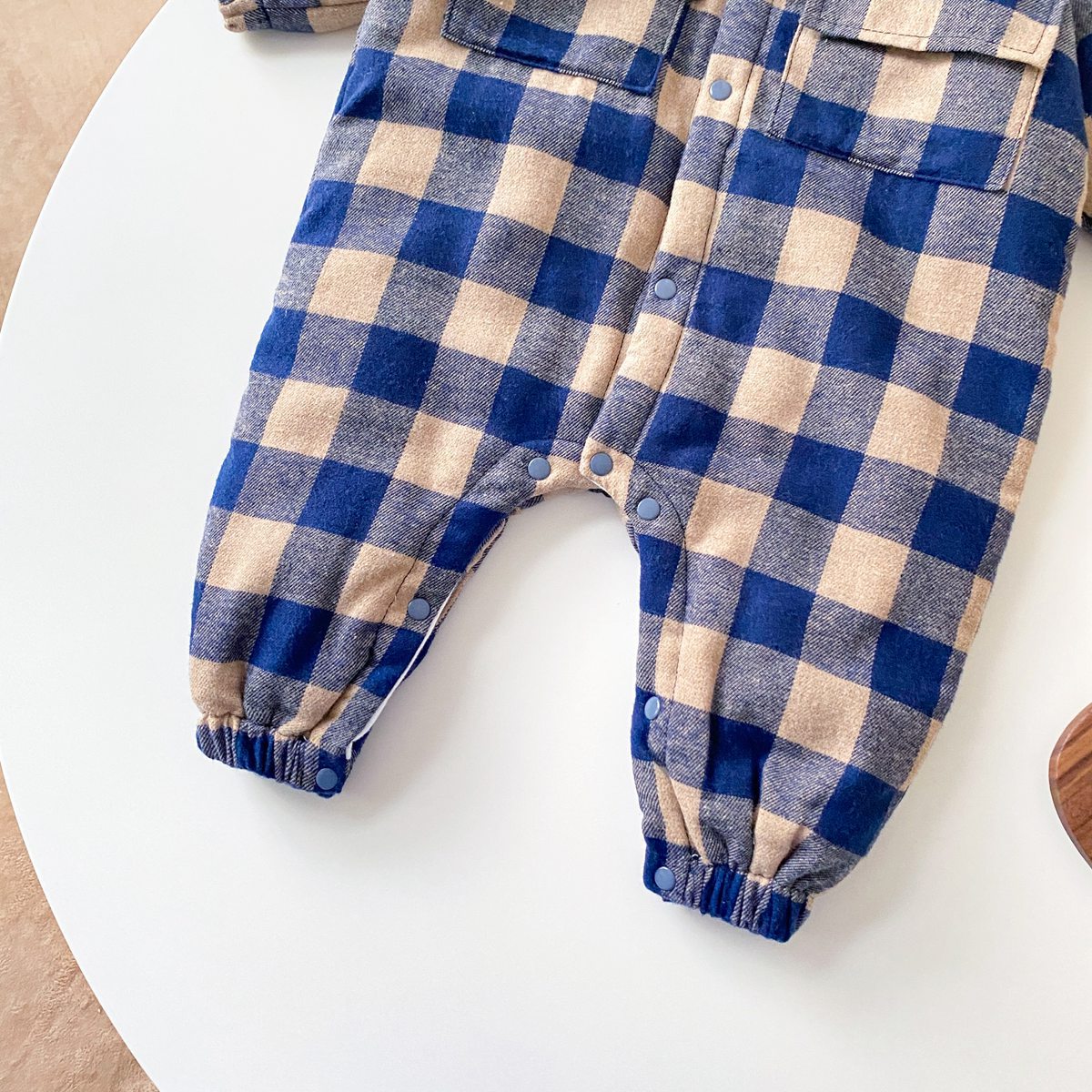 Baby Boy Plaid Pattern Snap Button Front Design Long Sleeve Thick Rompers