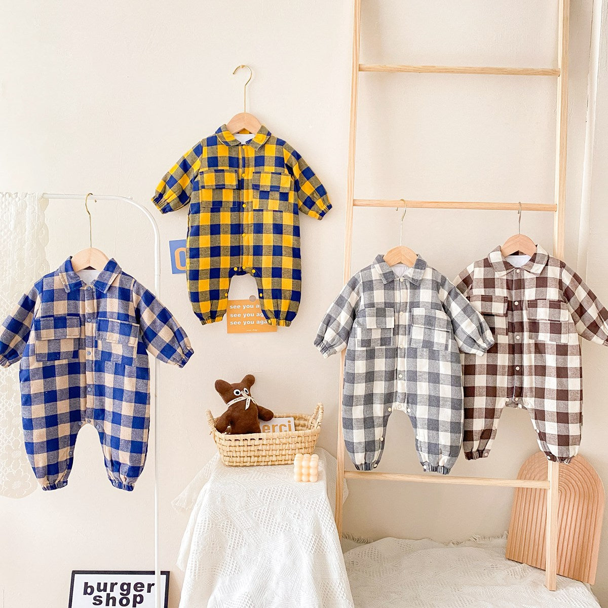 Baby Boy Plaid Pattern Snap Button Front Design Long Sleeve Thick Rompers