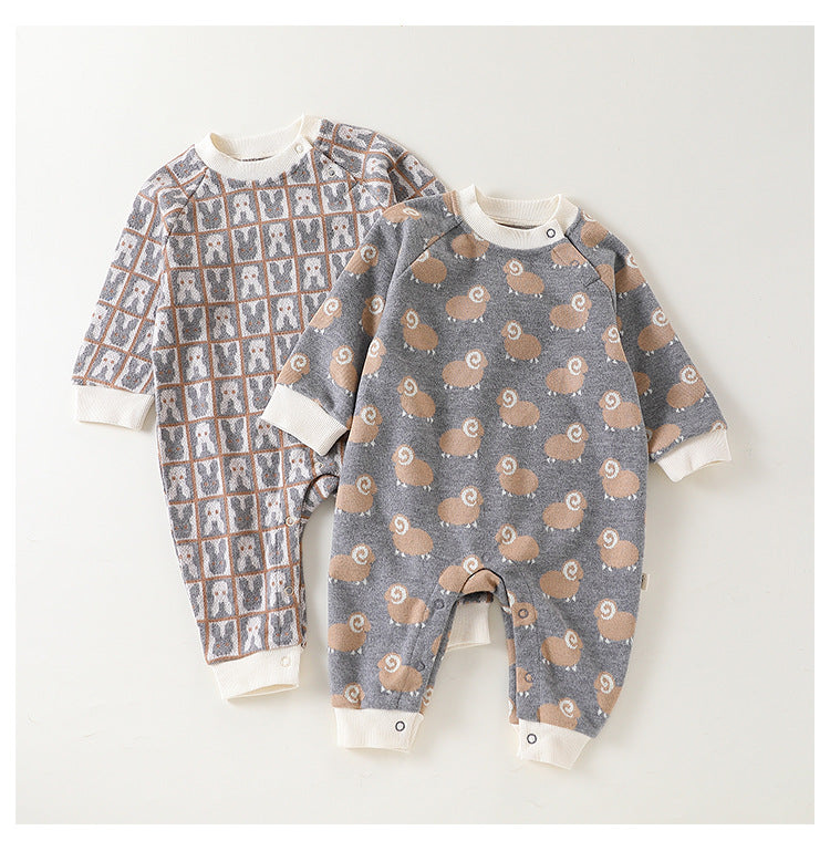 Baby Unisex Animals Pattern Long Sleeves Crew Neck Rompers