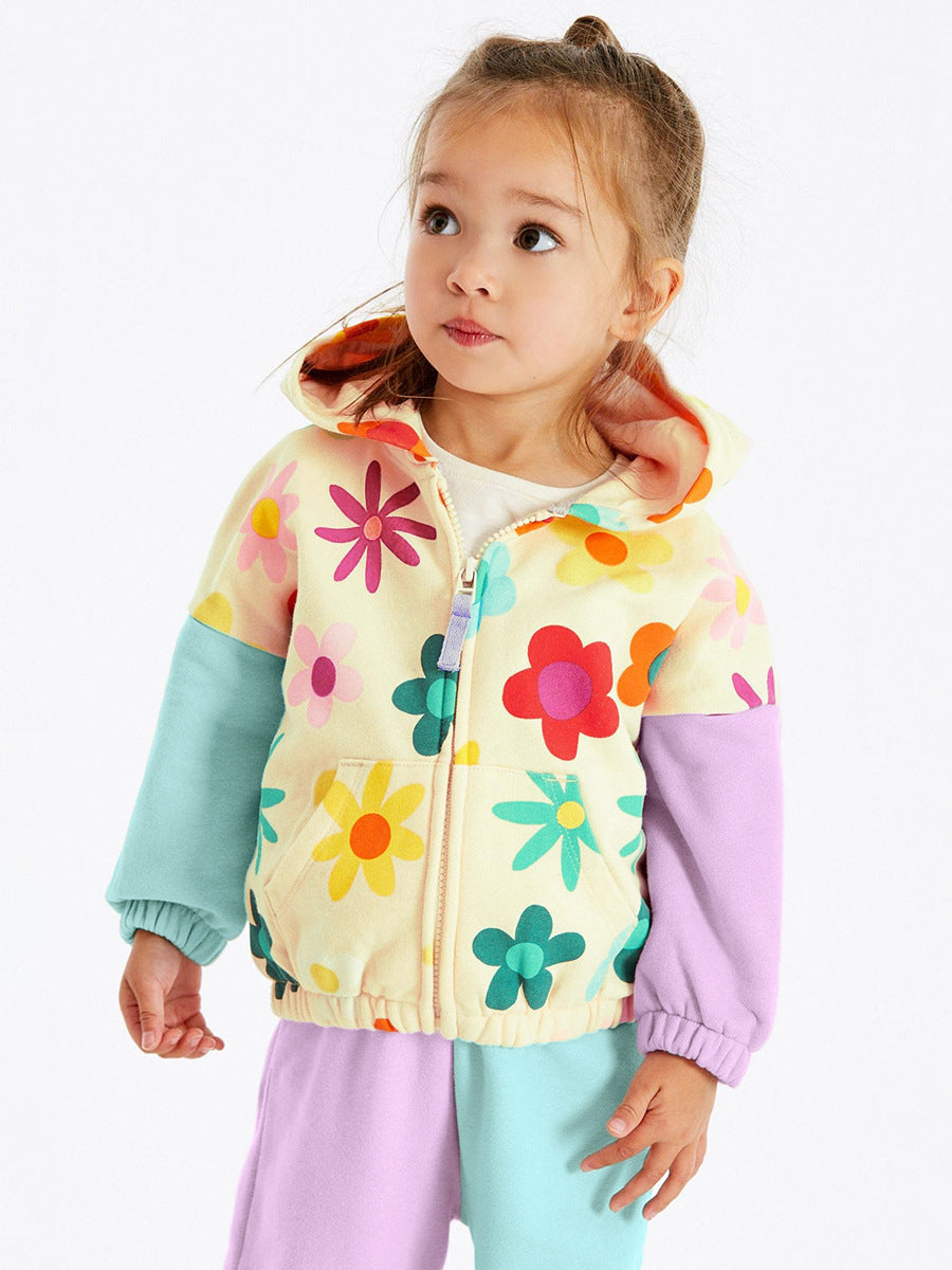 Colorful Flowers Pattern Color Patchwork Long Sleeves Top Hoodie and Pants 2-piece Clothing Set