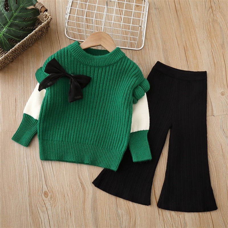 Solid Color Bow Patched Sweater With Pants Sets