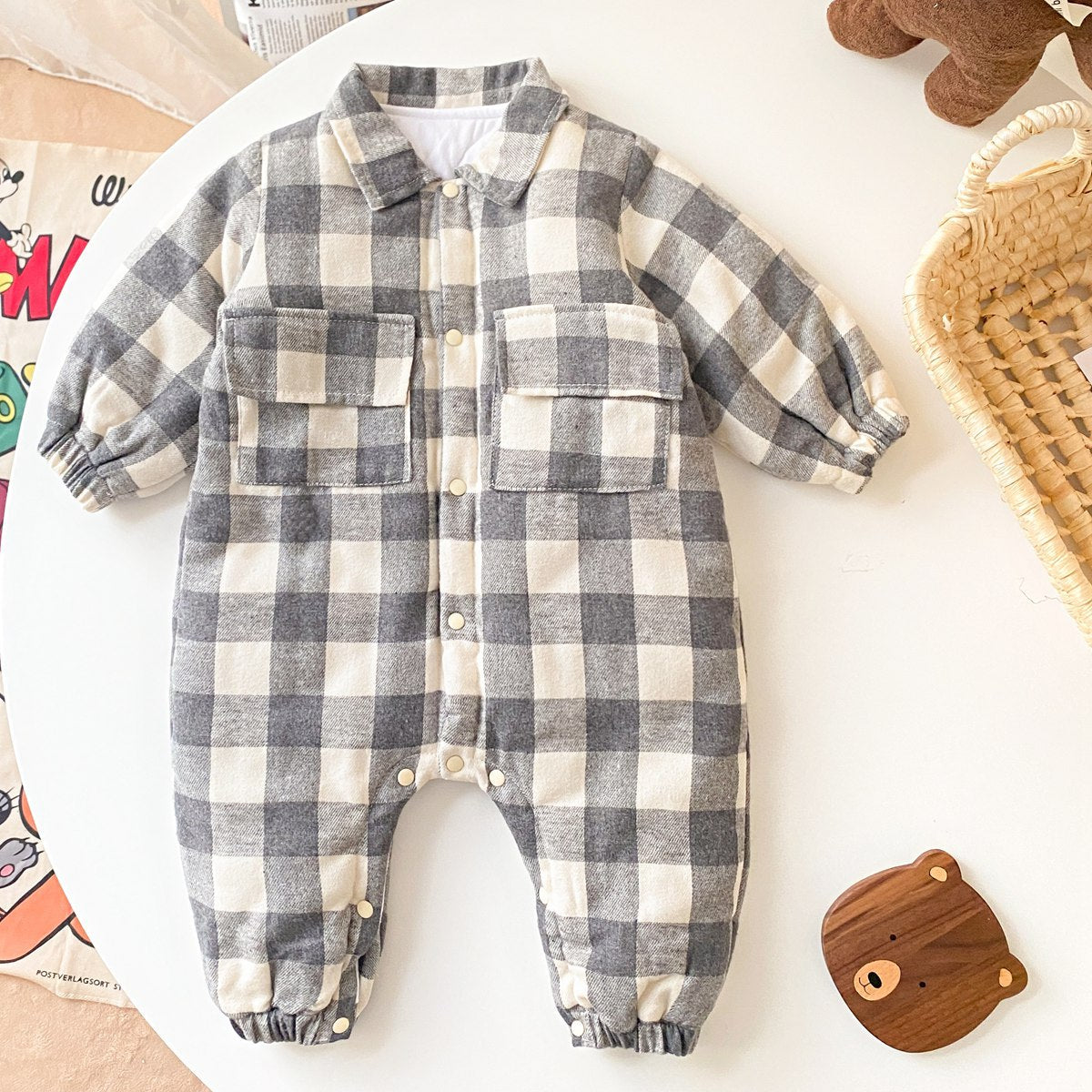 Baby Boy Plaid Pattern Snap Button Front Design Long Sleeve Thick Rompers