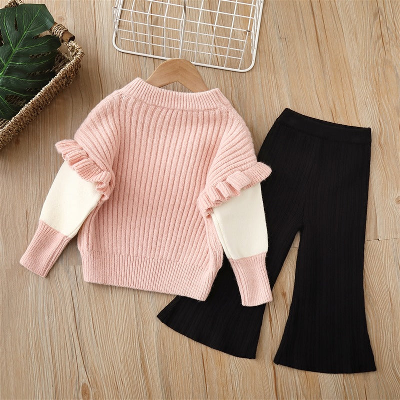 Solid Color Bow Patched Sweater With Pants Sets