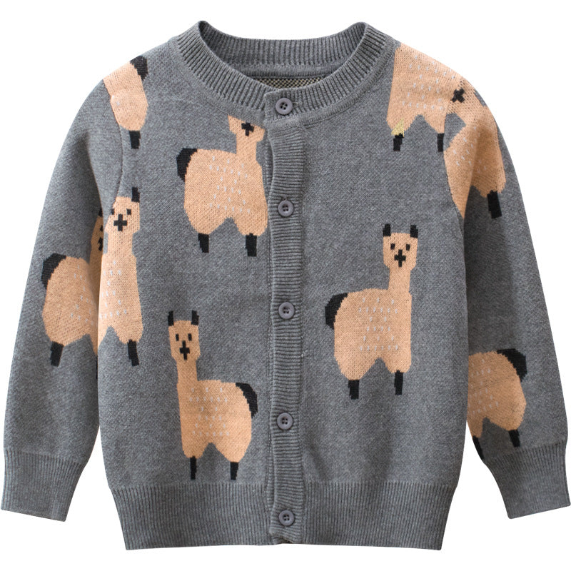 Cartoon Sheep Embroidered Pattern Button Front Knitted Cardigan