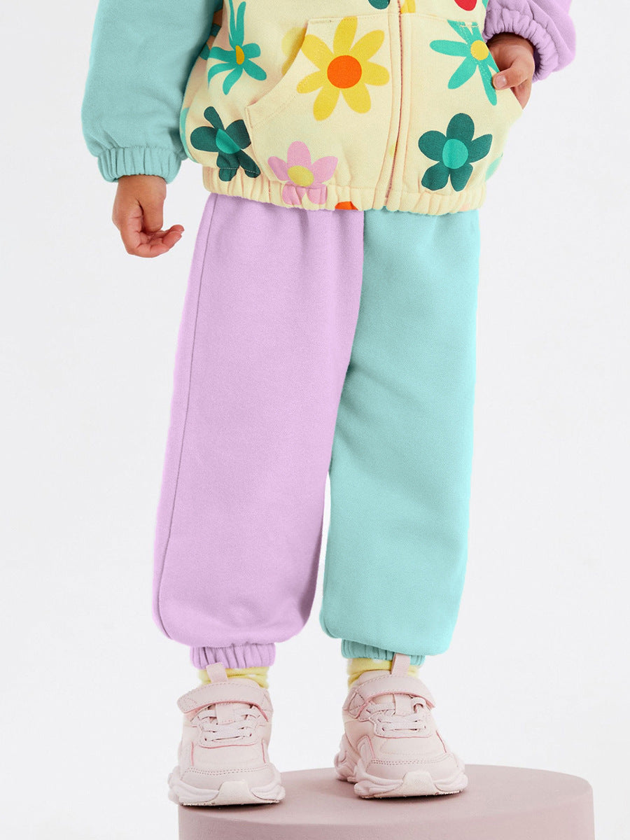 Colorful Flowers Pattern Color Patchwork Long Sleeves Top Hoodie and Pants 2-piece Clothing Set