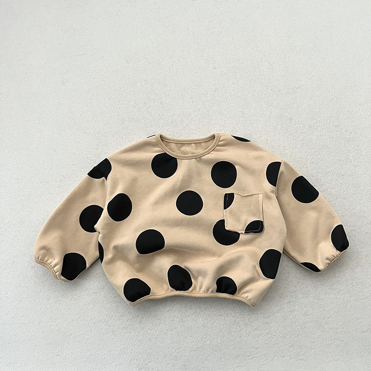 Kids Black Polka Dots Crew Neck Long Sleeve Pullover