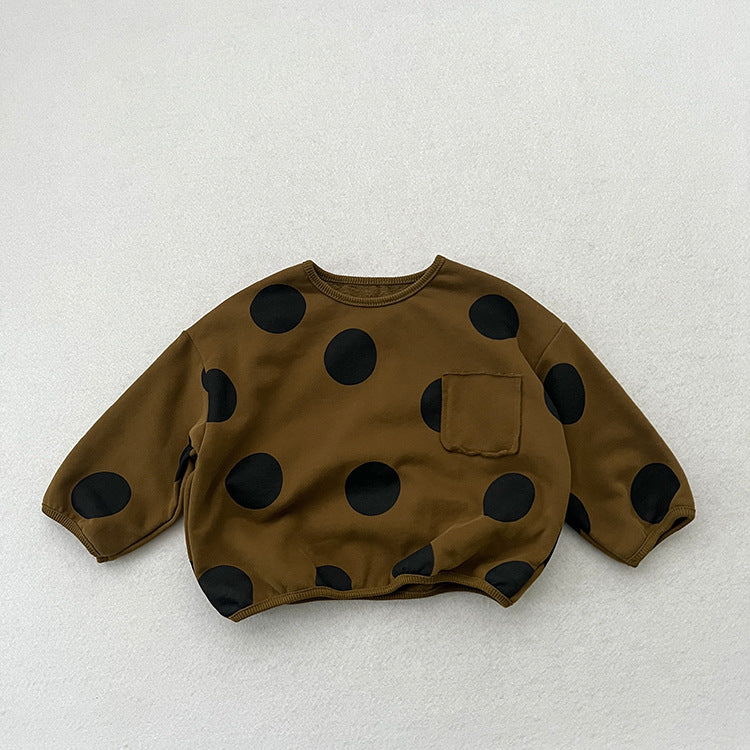 Kids Black Polka Dots Crew Neck Long Sleeve Pullover