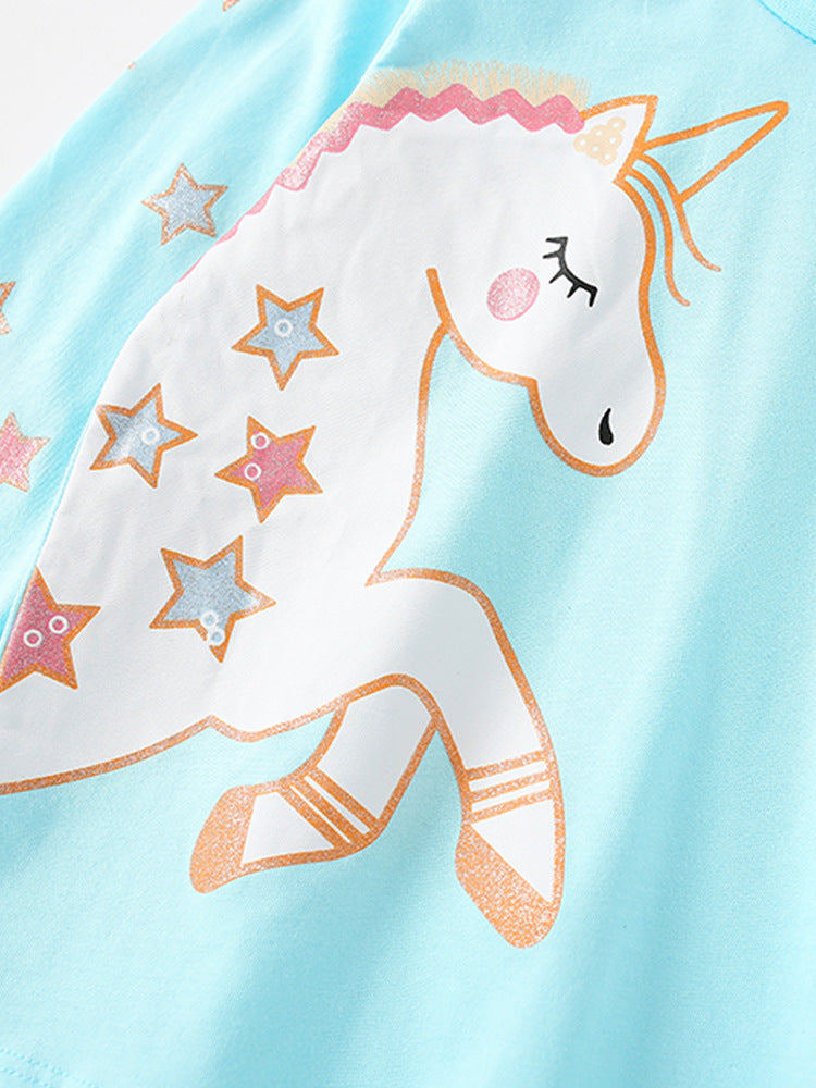 Girls Cartoon Unicorn Printing Design Top and Pattern Pants 2-Piece Set