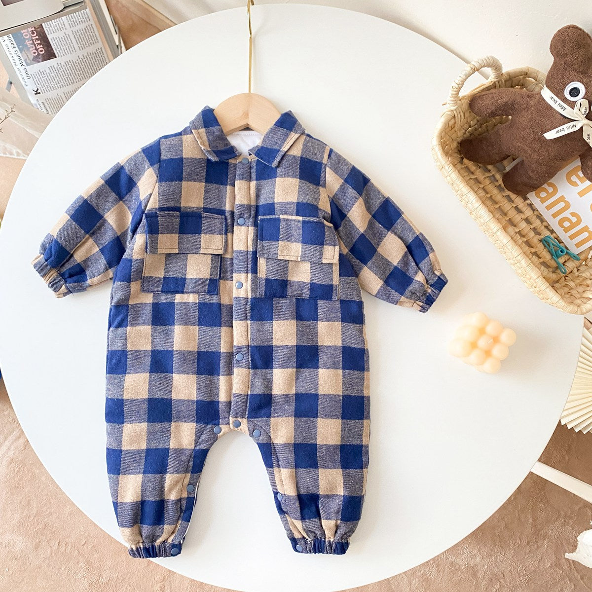 Baby Boy Plaid Pattern Snap Button Front Design Long Sleeve Thick Rompers