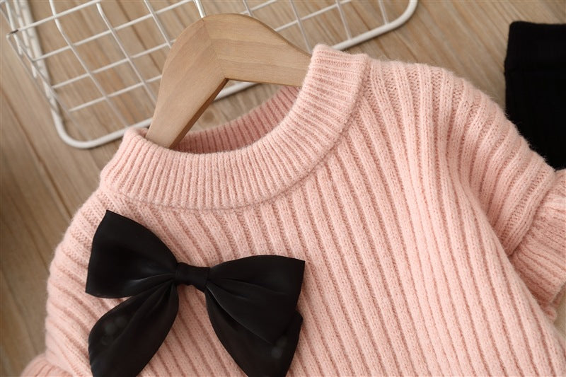 Solid Color Bow Patched Sweater With Pants Sets