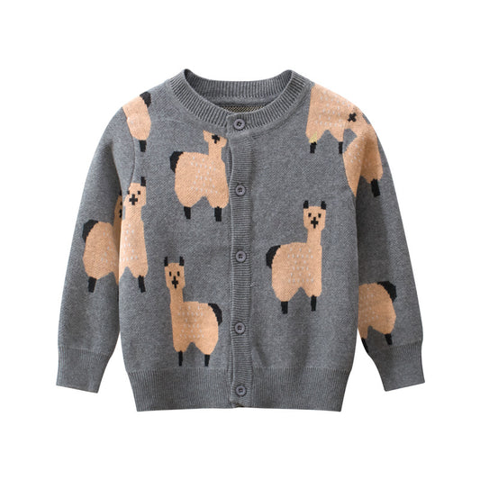 Cartoon Sheep Embroidered Pattern Button Front Knitted Cardigan