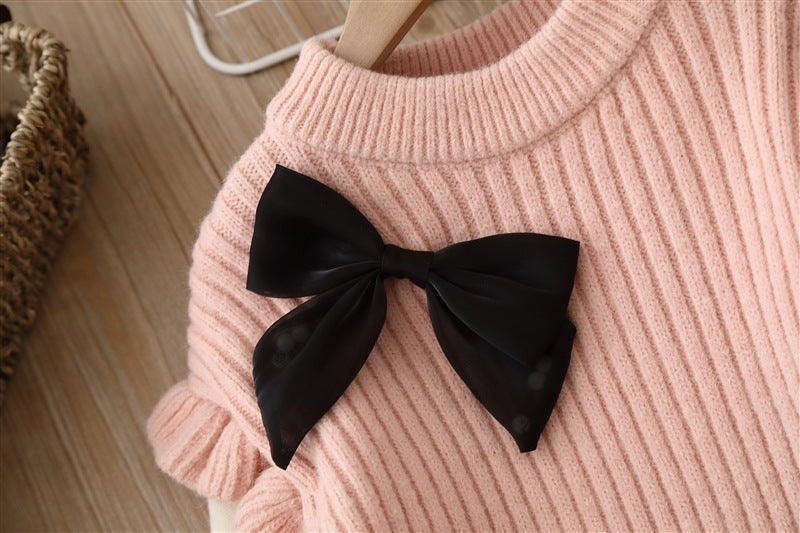 Solid Color Bow Patched Sweater With Pants Sets