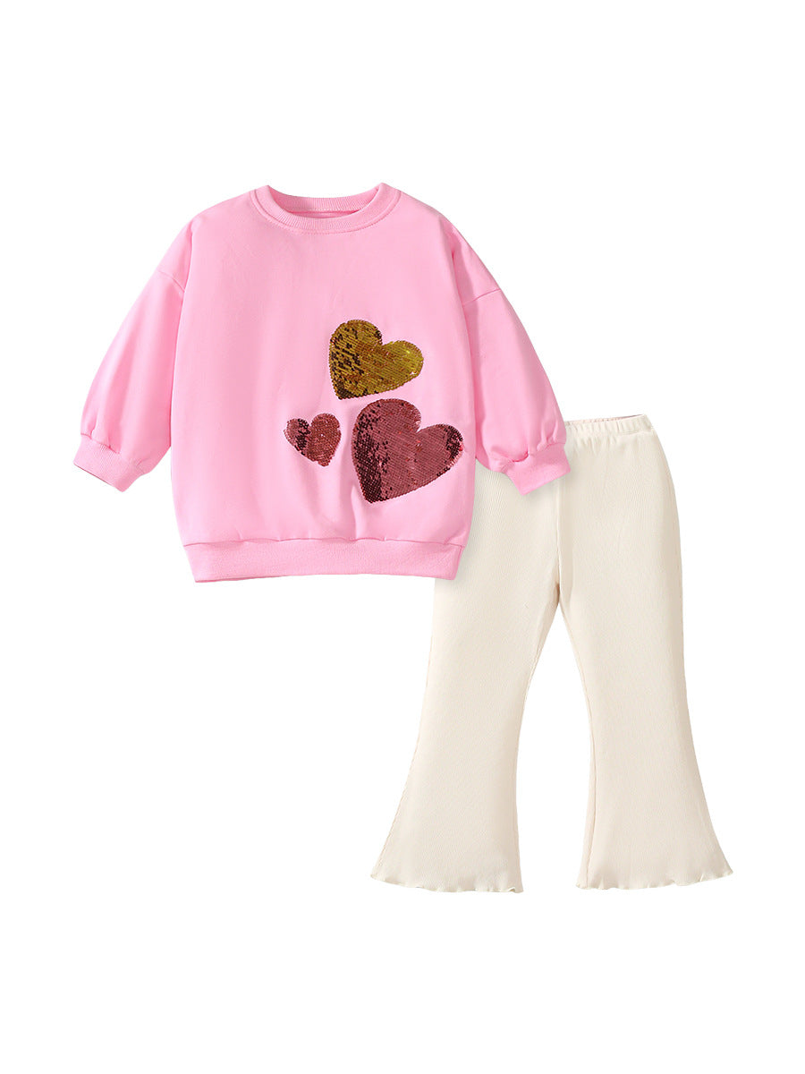 Sequin Heart Long Sleeves Top T-shirt and Flared Pants 2-piece Clothing Set