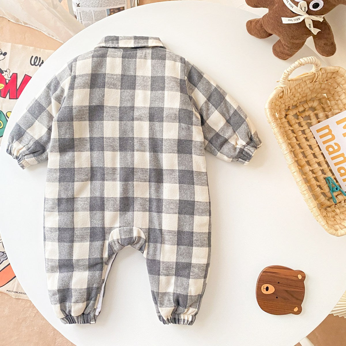 Baby Boy Plaid Pattern Snap Button Front Design Long Sleeve Thick Rompers