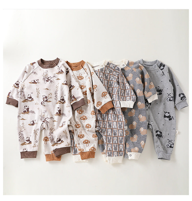 Baby Unisex Animals Pattern Long Sleeves Crew Neck Rompers