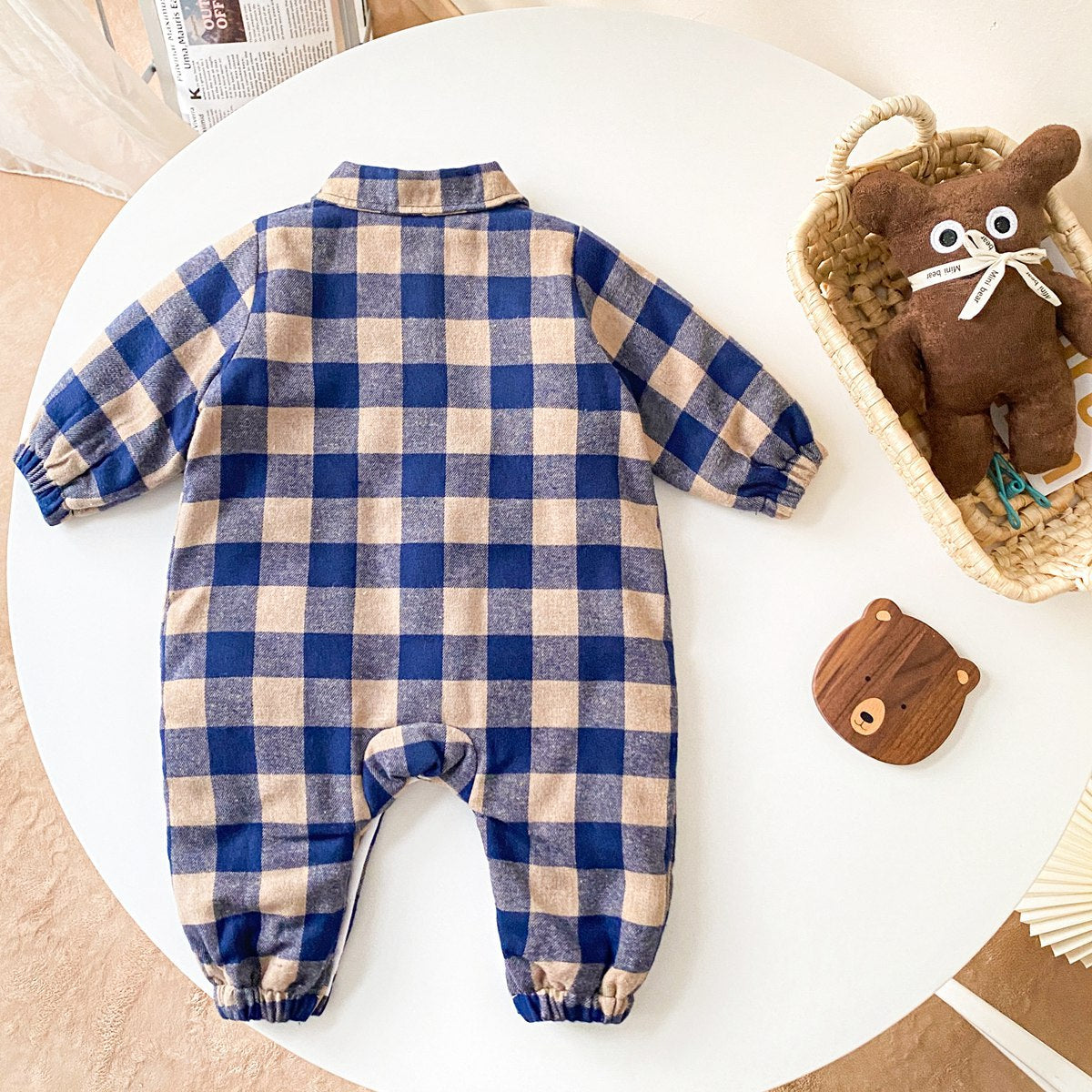 Baby Boy Plaid Pattern Snap Button Front Design Long Sleeve Thick Rompers