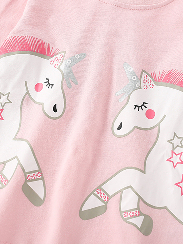 Girls Cartoon Unicorn Printing Design Top and Pattern Pants 2-Piece Set