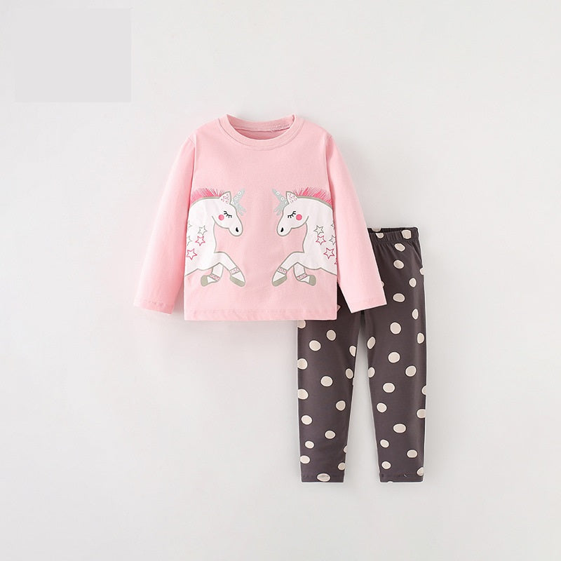 Girls Cartoon Unicorn Printing Design Top and Pattern Pants 2-Piece Set