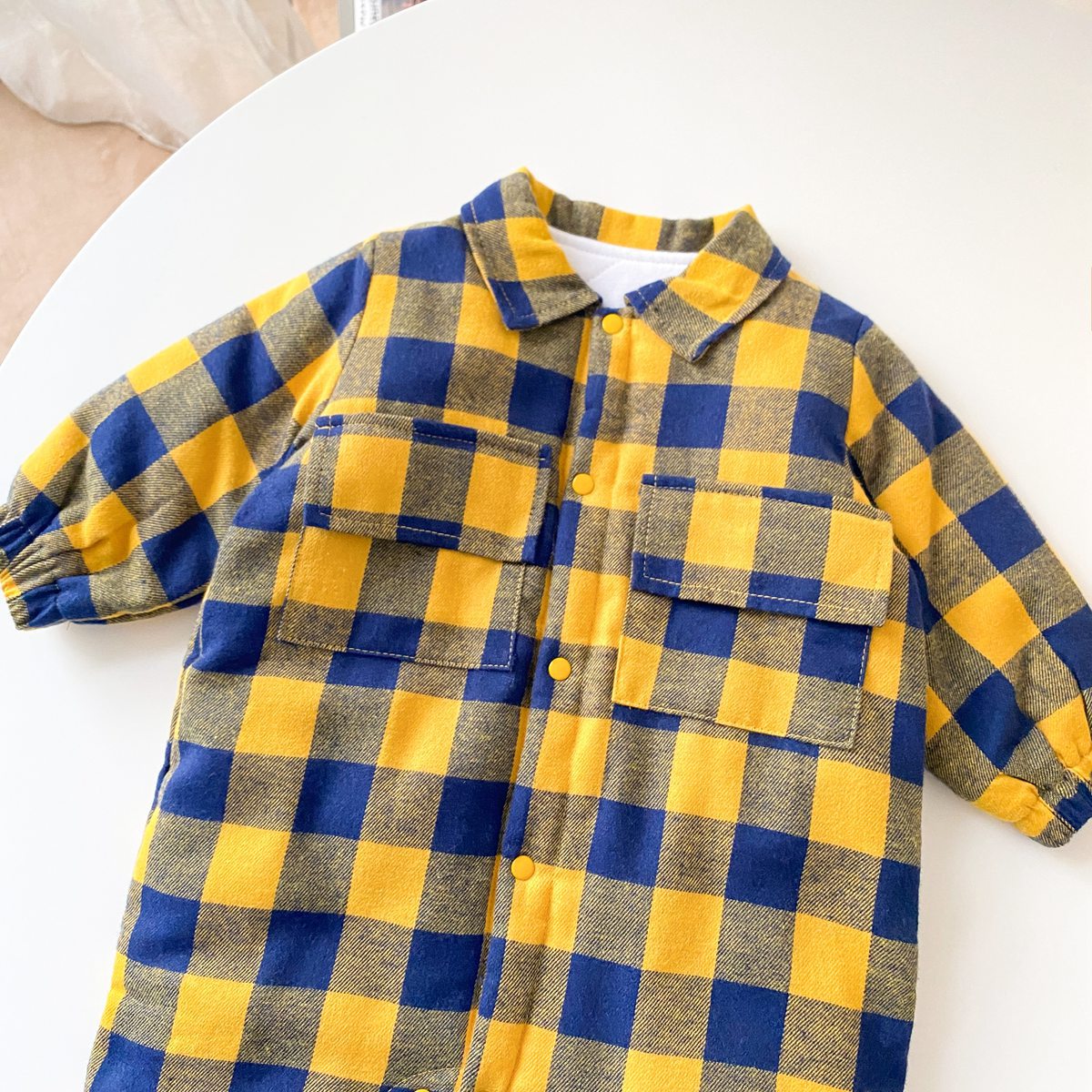 Baby Boy Plaid Pattern Snap Button Front Design Long Sleeve Thick Rompers